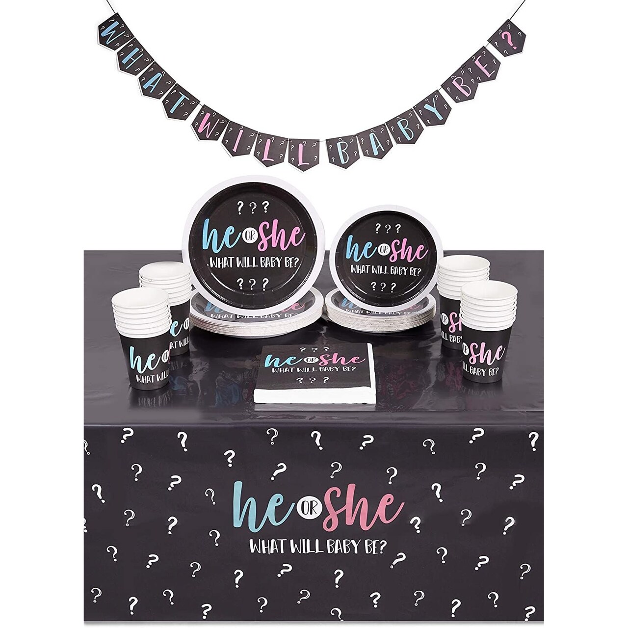 Gender Reveal Party Pack, Dinnerware, Banner, Tablecloth, He or She (Serves 24, 99 Pieces)